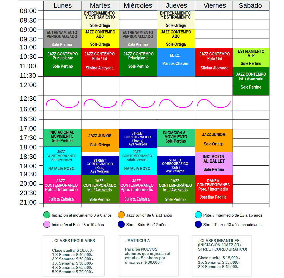 Horarios de las clases de danza